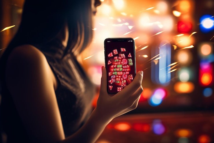Ilustrasi interaksi pengguna menikmati hiburan online dengan perangkat mobile